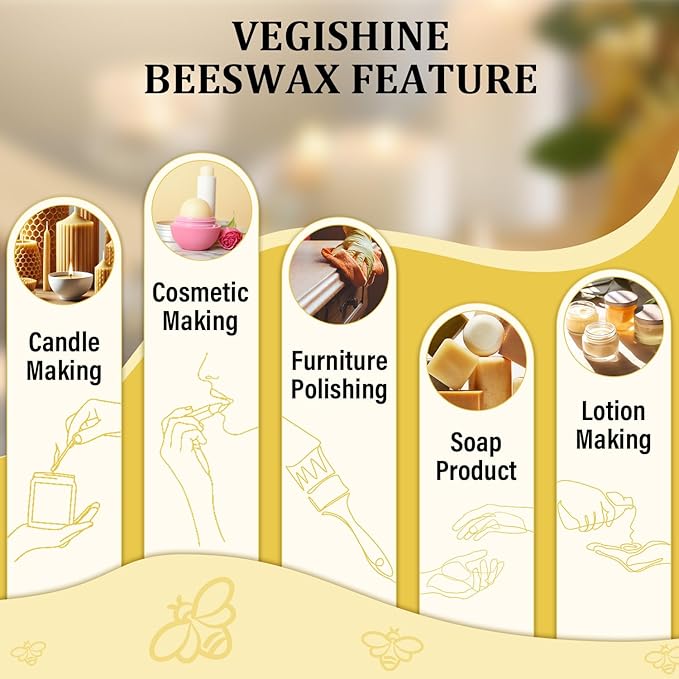 Beeswax pellets 5LB, VEGISHINE Pure and Natural Yellow Beeswax for DIY Skin Care, Lip Balm, Polishing, Lotion, Soap, Candle Making Supplies