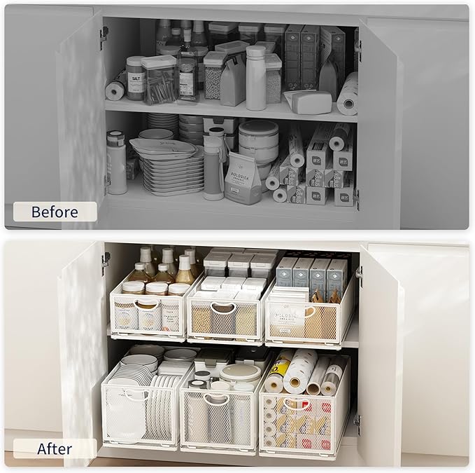 Pull Out Cabinet Organizer, No Drill Adhesive Sliding Drawers for Kitchen, Metal Mesh Wire Storage Shelf for Pantry & Under Sink, White (9.6" W x 15.7" D x 6.1" H)