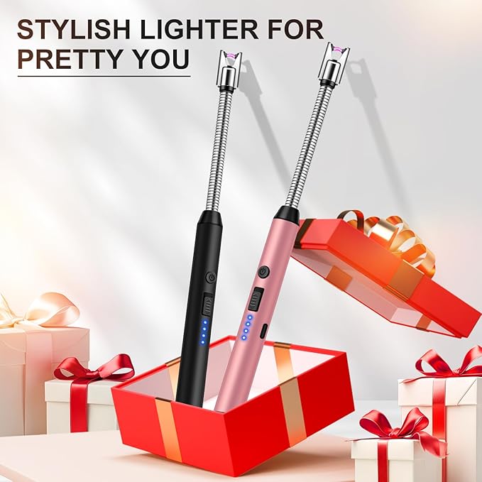 Upgraded 2 Pack Electric Candle Lighter with 360° Flexible Neck & Safety Lock, Windproof USB Rechargeable Flameless Arc Long Lighters for Grill, BBQ, Camping, Fireplace, Stove (Black & Rose Gold)