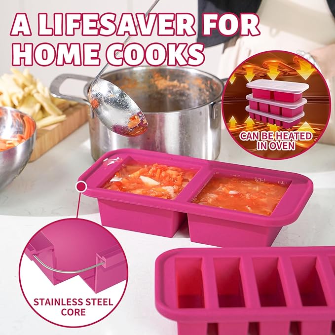 SHIKORI Silicone Freezer Tray With Lid, Silicone Freezer Food Molds, Large Ice Cube Tray, Silicone Freezer Container,Freeze & Store Soup, Sauce, Broth,Leftovers (Red-6 Cups)