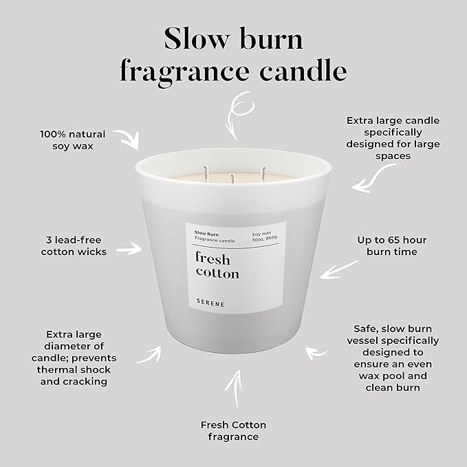 Hidden Label Fresh Cotton Scented Candle, Non Toxic 30oz Large 3-Wick Soy Wax Candle, Up to 120 Hours Long Burning, Clean Cotton Home Fragrance for Bedroom, Relaxation & Housewarming Gift