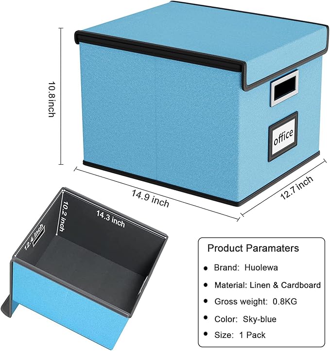 Huolewa File Organizer Box with Lid, Collapsible File Folder Organizer for Office Document Storage, Filing Box with Plastic Slide for Letter Size Hanging File Folders(1 Pack, Sky-blue)