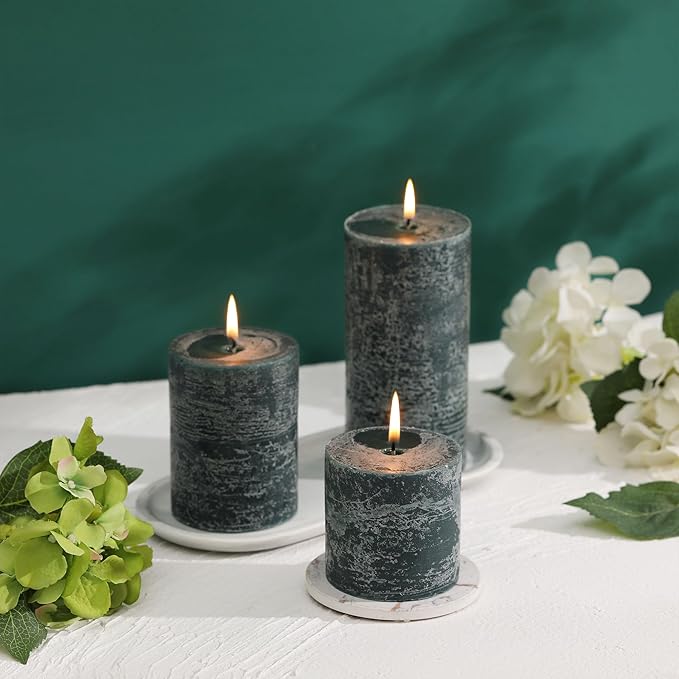 3x4 Inch Dark Green Pillar Candles Set of 3 - Hand-Poured Unscented Candles, Long Clean Burning, Dusty Sage Candle, Smokeless Dripless Candle for Dinner Table, Wedding, Home, Rustic Decor