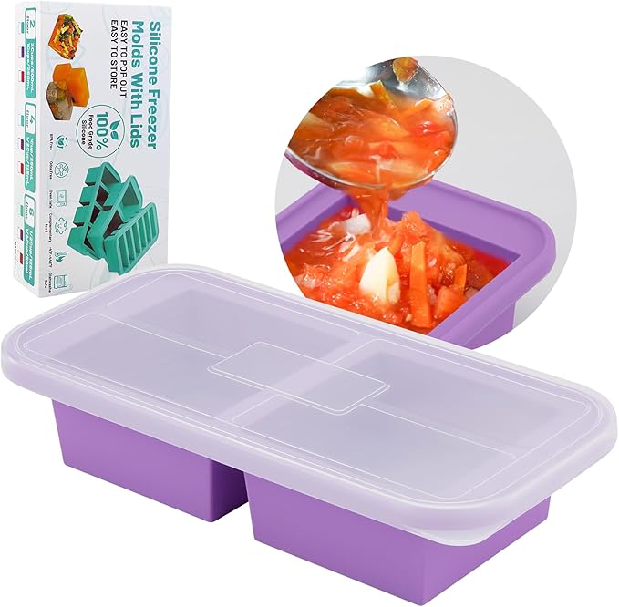 SHIKORI Silicone Freezer Tray With Lid, Silicone Freezer Food Molds, Large Ice Cube Tray, Silicone Freezer Container,Freeze & Store Soup, Sauce, Broth,Leftovers (Purple-2 Cups)