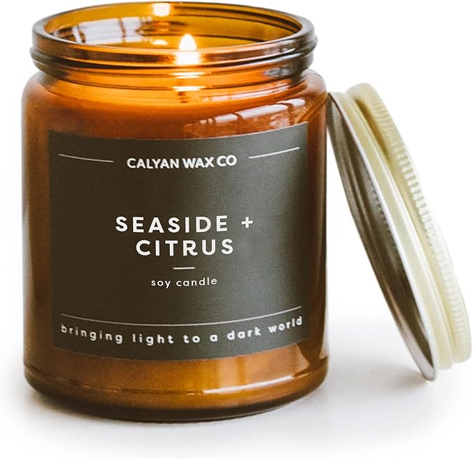 Calyan Wax Co. Seaside & Citrus Scented Candle - 57 Hour Burn - Luxury Non Toxic Soy Wax Candles - Long Lasting Amber Glass Jar Candle for Home - 7.2oz