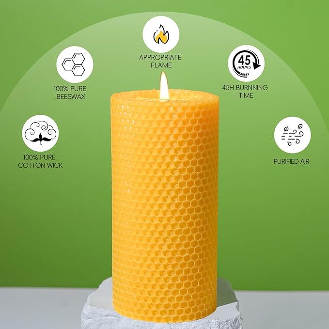 8 Packs Handmade Beeswax Candles, 360 Hours Beeswax Pillar Candles Handcrafted Honeycomb Bees Wax Candle for Home, Prayer, Unscented Candles (2.8x6 in)
