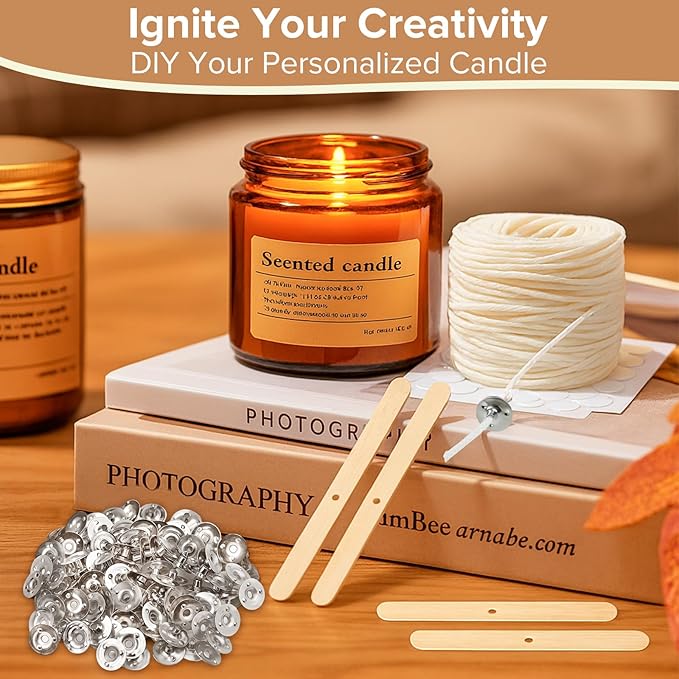 230 FT Candle Wicks with 125 Pcs Metal Candle Wick Sustainer Tabs, 80Pcs Candle Wick Stickers, 5Pcs Wooden Candle Wick Centering Device, 70m Cotton Candle Wicks for Candle Making Kit