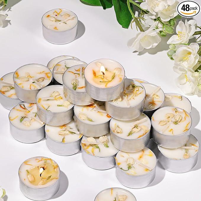 LAMORGIFT 48 Count Jasmine Scented Tealight Candles, 6H Long Burning with Dried Flowers, Non-Toxic/Smokeless, Palm Wax Based, Perfect for Spa, Bath, Wedding