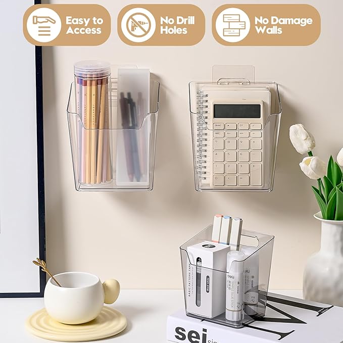 8-Pack Adhesive Cabinet Door Organizer Kitchen, Hanging Storage Bins, Stick on Small Wall Storage Container, Bathroom Floating Shelf Under Sink Caddy Spice Rack for Pantry Organizer, Office, Dorm