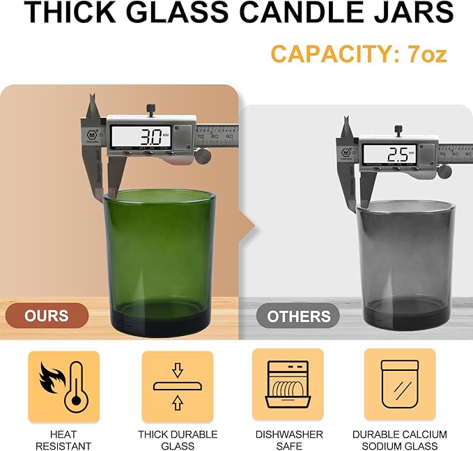 SHOWIN Thick Candle Jars for Making Candles 12 Pcs, 7 OZ Empty Jars with Wood Lids for Candle Making, Sample Container, Clear Green