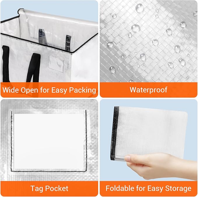 HomeHacks Clear Moving Bags Heavy Duty 6 Pack, Storage Bags with Zipper, Extra Thick Handles & Waterproof Packing Boxes for Moving, Camping, Home Organization 76L/20Gal (28.7"x11.8"x13.8")