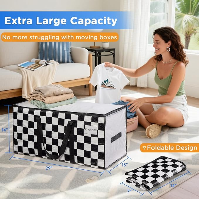 Extra Large Moving Bags Heavy Duty Storage Bags with Zipper Handles, BETU 2 Pack Clothes Storage Totes Bins Packing Moving Boxes, Moving Supplies for College Dorm Essentials, Space Saving,White Plaid
