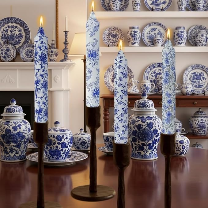 Flowers Printed Candle Taper Candles 9 inch - 4 Pack Blue and White Porcelain Candle Dripless, Smokeless, Unscented Tall Candlesticks - Perfect for Home Decor, Weddings, and Special Occasions