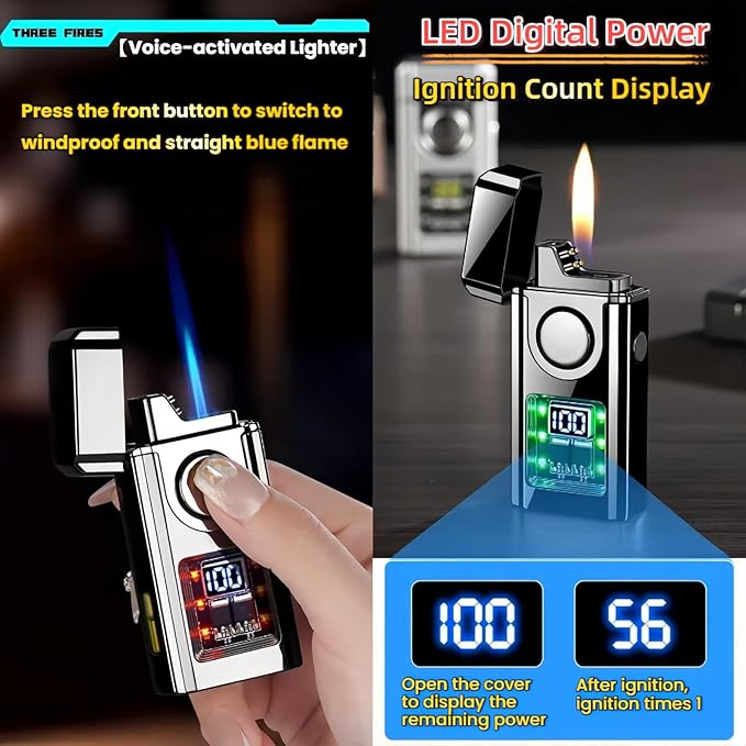 Smart Voice-Activated Lighter - 3 Flames (Blue Torch, Soft Flame & Dual Arc) - Windproof Refillable & Rechargeable Butane Lighters with Multiple Ignition Methods (Without Fuel) (Brushed Gold)