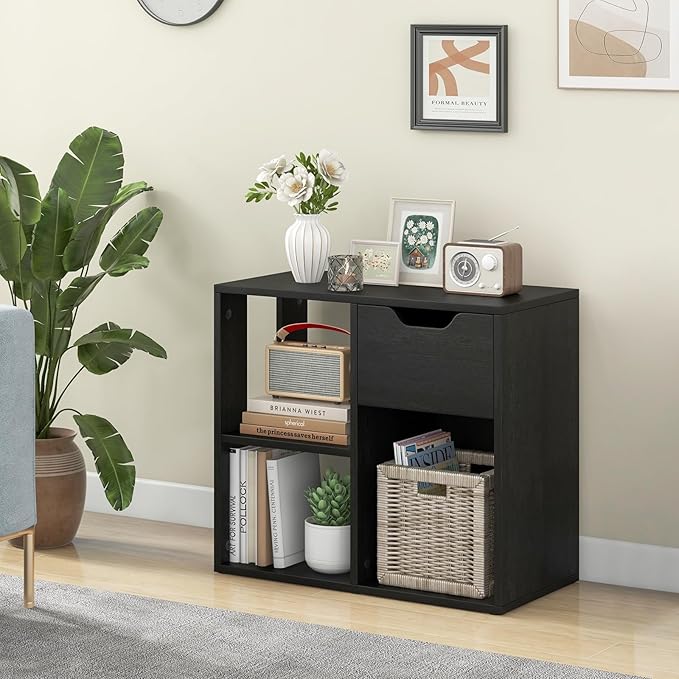 LOKO 3-Cube Bookshelf with Drawer Set of 2, 2-Tier Open Shelf Bookcase, Freestanding Display Shelf, Modern Home Storage Organizer, Shelving Unit for Living Room, Bedroom, Study, Office (2, Black)