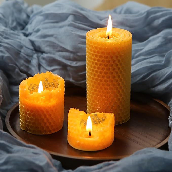 Hand-Rolled Beeswax Candles, 2 Packs, Handcrafted Honeycomb Beeswax Pillar Candles, Natural Bee Farm Gift for Candle Lovers,Home Decor, Air Purify (2x4 in)