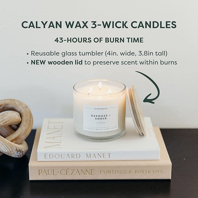 Calyan Wax Co. Oakmoss & Amber 3 Wick Scented Candle - 43 Hour Burn - Luxury 3 Wick Soy Candles - Non Toxic Soy Wax Candles - Long Lasting Large Glass Jar Candle for Home - 14.9oz