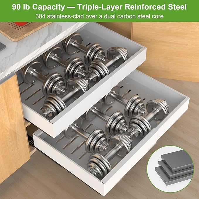 ANTOWIN 2-Pack Expandable Pull Out Cabinet Organizer 21"Deep(12.2"-20.5"W), 3 Full Extension Glides Slide Out Drawers, Roll Out Shelves Adhesive Raising Pad,Compatible Framed Cabinets,90lb Cap,White