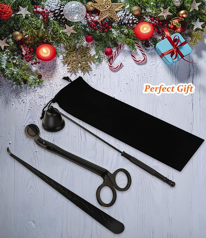 3 in 1 Candle Accessory Kits,Candle Snuffer,Candle Wick Cutter Trimmer and Candle Wick Dipper with Gift Bag, Candle Care Kit for Gifts Candle Lovers (Black)