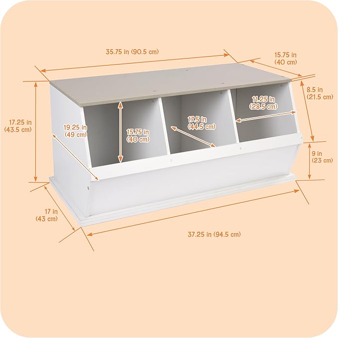 Badger Basket 3-Bin Stackable Toy Storage Cubby Organizer, Modular Space-Saving Storage for Toys, Blankets, Crafts, Playroom, Bedroom, or Living Room – White & Light Gray