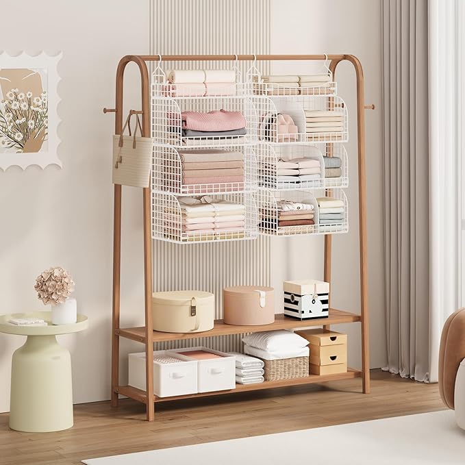 SWTYMIKI Hanging Closet Organizer Storage - 4 Tier Metal Stackable Hanging Closet Shelves with Dividers and S Hooks, Foldable Clothes Shelves for Clothes, Pants, Shoes, Coat, Hats Clutches Accessories