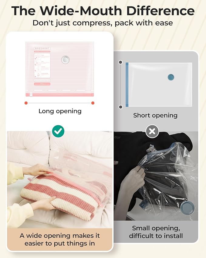 BAGSMART Vacuum Bags for Travel with Rechargeable Air Pump, Portable Space Saver Bags for Travel & Home, Vacuum Compression Seal Bag for Clothing, Blanket, 21 Pack Pink