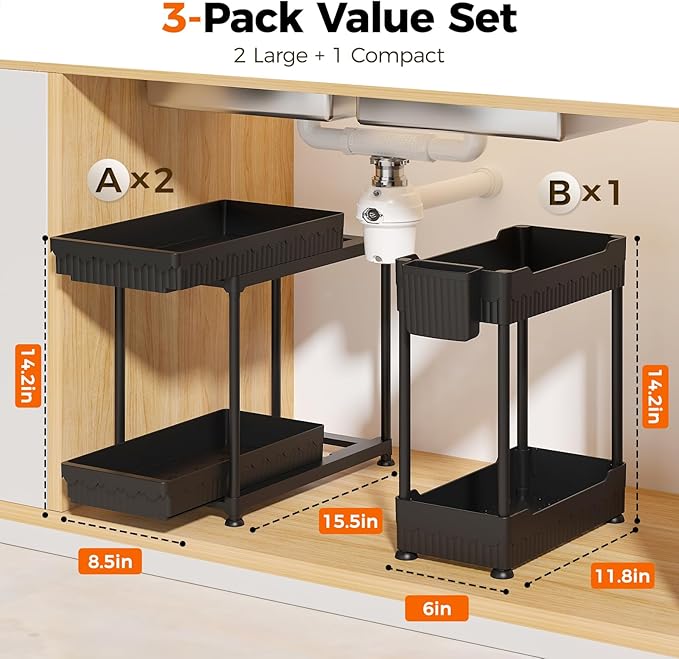 3 Pack Under Sink Organizer, 2 Tier Slide Out Bathroom Cabinet Organizer, Multi-Purpose Storage Shelf for Kitchen, Black, 12.8Inch