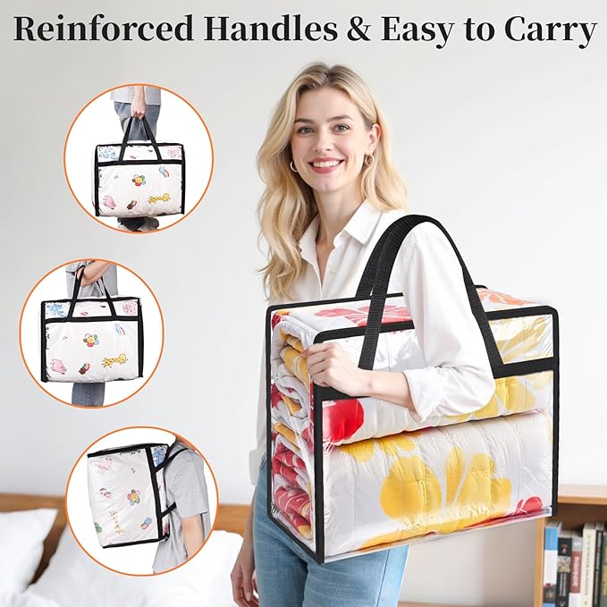 SpaceTrove Clear Clothes Storage Bags, 8 Pack Closet Organizers and Under Bed Storage Containers, Foldable Moving Bags with Zippers for Comforter, Blanket, Bedding, Duvet, PVC Packing Bags 40L