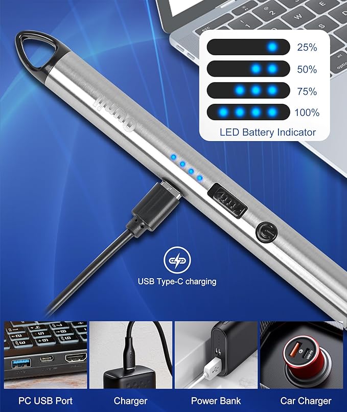 Ounil Electric Lighter Candle lighters USB Rechargeable Type-C Windproof Flameless arc Lighter LED Battery Display, Suitable for Light Candle Firework BBQ Camping (Blue