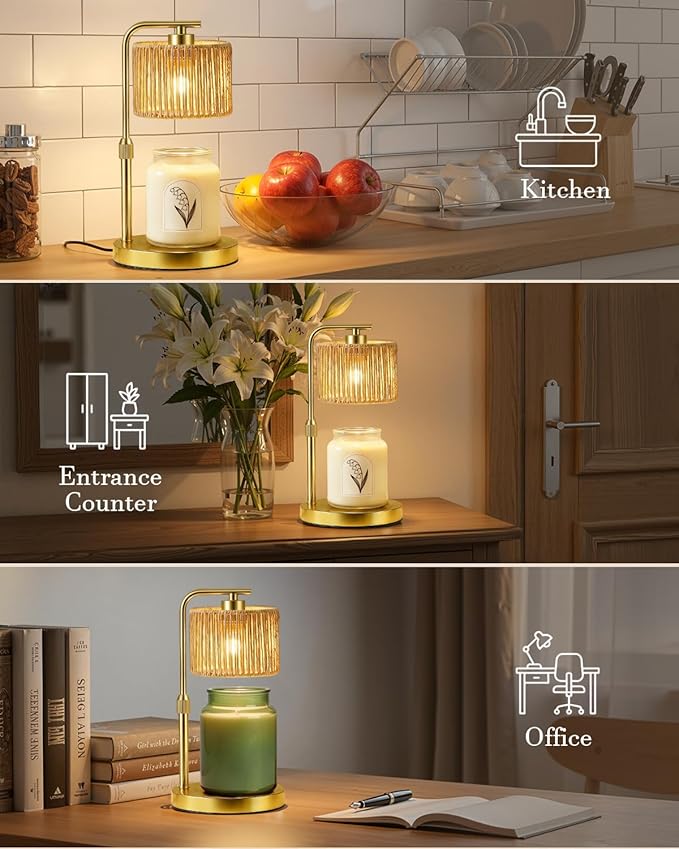 Candle Warmer Lamp, Timer Dimmable Candle Lamp, Adjustable Height and Brightness Gold Candle Warmer, Boho Rattan Lampshade and 2 Bulbs, Suitable for Home Decor, Birthday Gifts for Women Mom