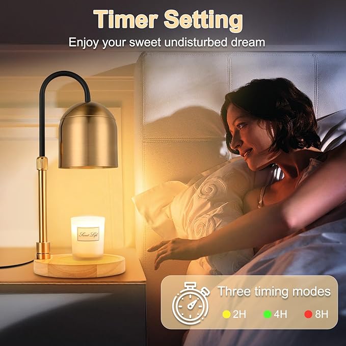 Candle Warmer Lamp with Timer & 3 Bulbs, Dimmable Electric Candlelight Adjustable Height and Brightness Candle Wax Warmer for Jar Candles Bedroom Home Decor House Warming Gift for Women (Round Gold)