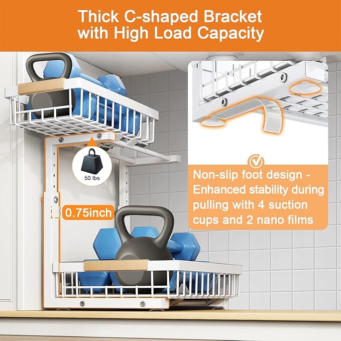 2 Pack Under Sink Organizers and Storage, Adjustable Height,2 Tier Pull Out Under Cabinet Organizer with 2 Hanging Cups and 6 Hooks,Slide Out Thickened Metal Undersink Organizers for Kitchen Bathroom