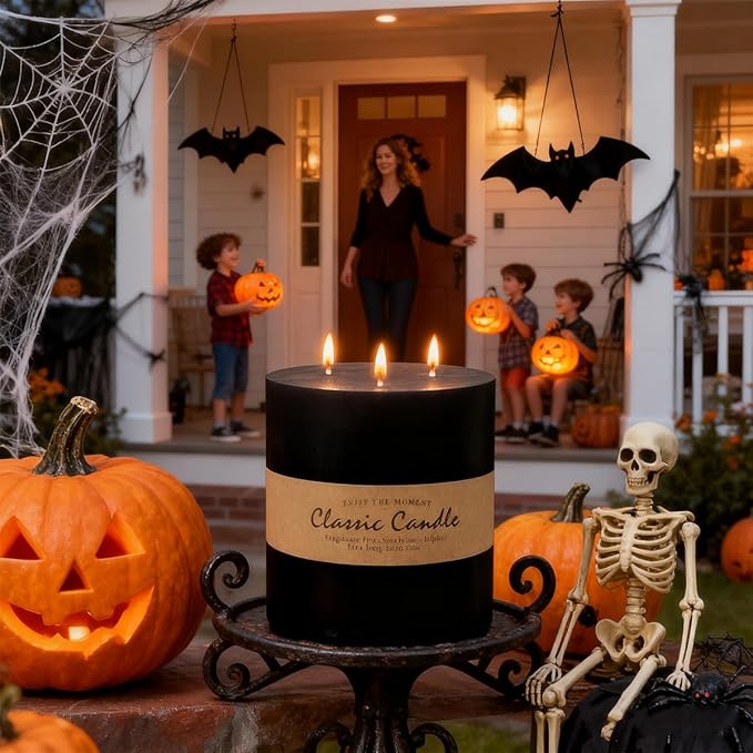 Large 3-Wick Black Pillar Candle - 6x6 Inch Dripless & Smokeless Unscented Fat Candle, 120 Hour Long Burning Hand-Made Thick Candle