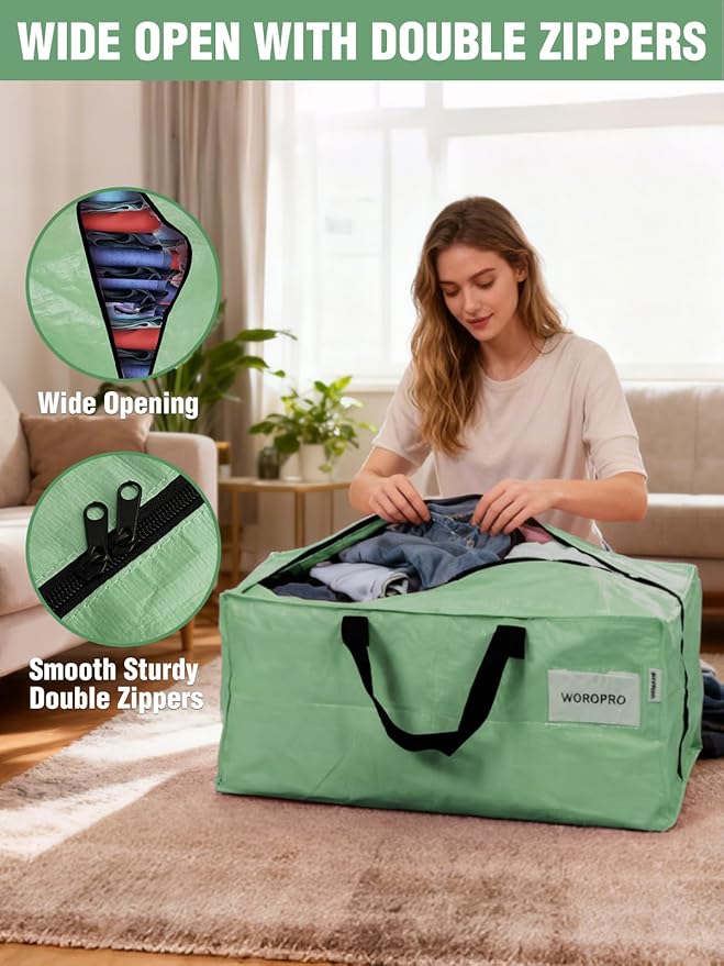 WORKPRO 10 Pack Extra Large Moving Bags with Zippers & Carrying Handles Backpack Straps, Heavy-Duty Storage Tote for Space Saving & Storage, Alternative to Moving Box (Green)