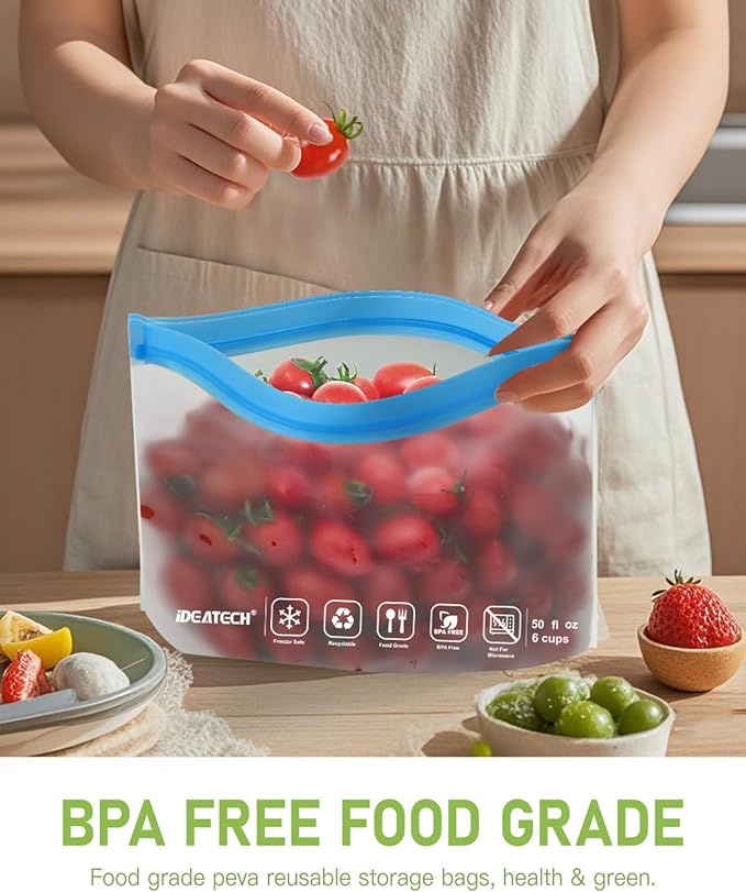IDEATECH Reusable Freezer Bags Gallon Size, BPA Free Food Containers, Reusable Gallon Bags, Sandwich Bags, Reusable Baggies for Lunch, Travel Healthy Food (Grey, 8Pack-8Gallon)