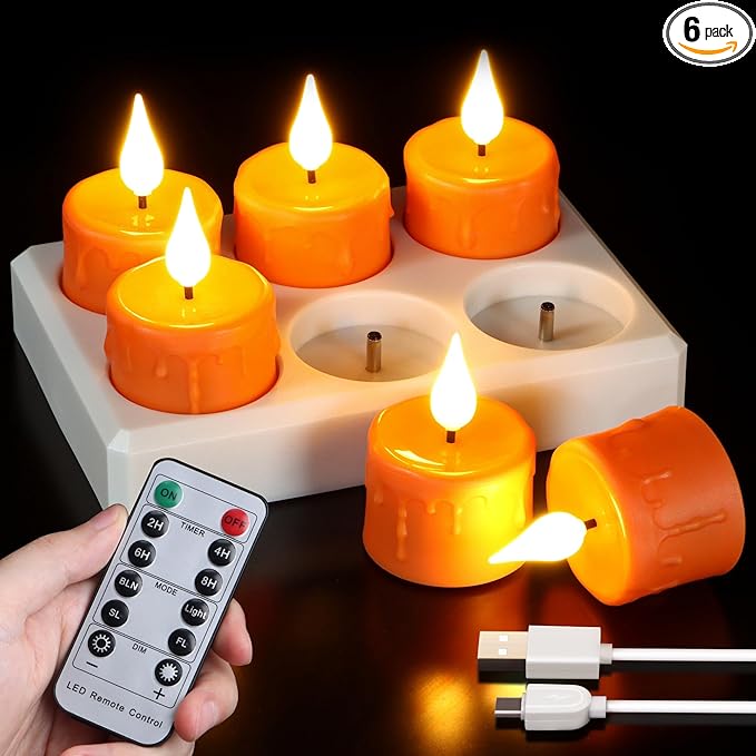 6 Pack Orange LED Tea Lights Rechargeable with Remote Control and Timer, Flickering Warm White Light, Flameless Candles with Charging Station and USB Cable