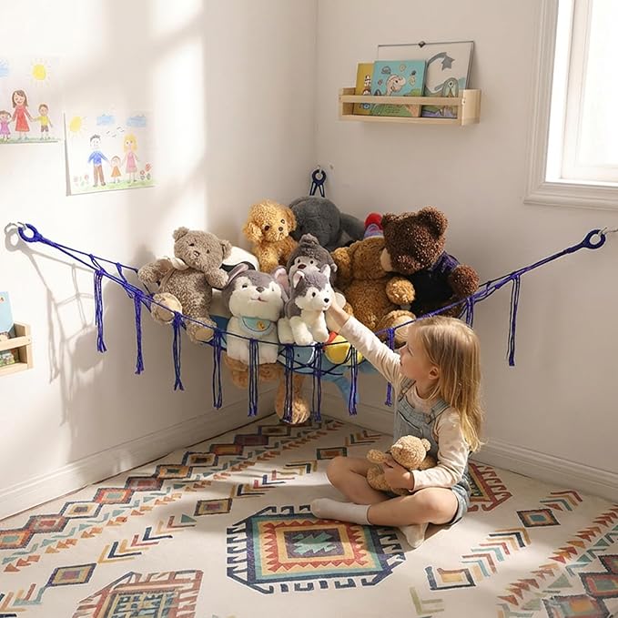 YKBU Stuffed Animals Hammock Corner Hanging Net for Macrame Stuffed Animal Storage Plush Toy Holder Toy Organizer for Boho Nursery Playroom Bedroom Kids Room Decor (blue, Large)