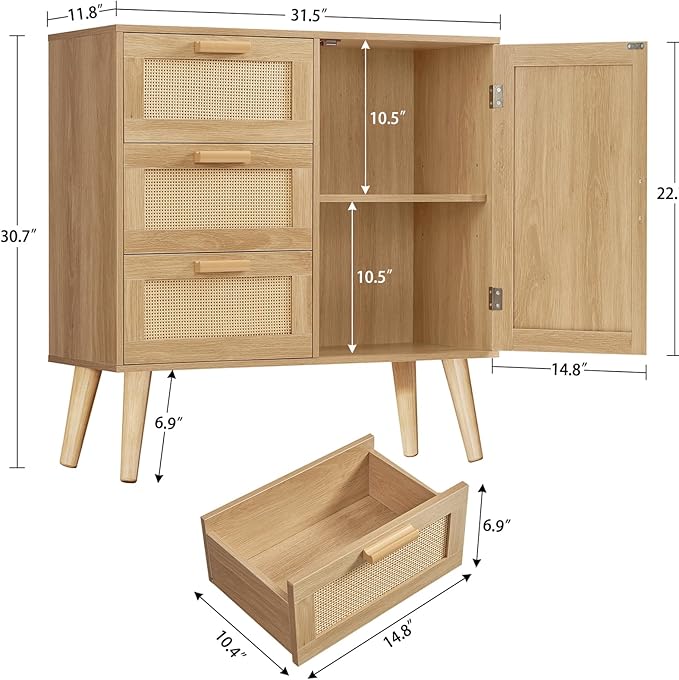 TEENFON Storage Cabinet with Rattan Door & 3 Drawers, Rattan Cabinet with Adjustable Shelf, Sideboard Buffet Cabinets with Storage, Entryway Cabinets, for Living Room, Dining Room, Entryway, Natural
