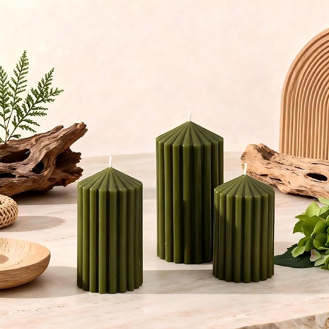 3 Pack Dark Green Ribbed Pillar Candles - Soy Wax Unscented, 2.76"x4.2/4.9/5.9 in Smokeless Non Toxic Cotton Wick, Aesthetic Modern Candles for Home Decor, Dinner Table, Living Room, Housewarming Gift