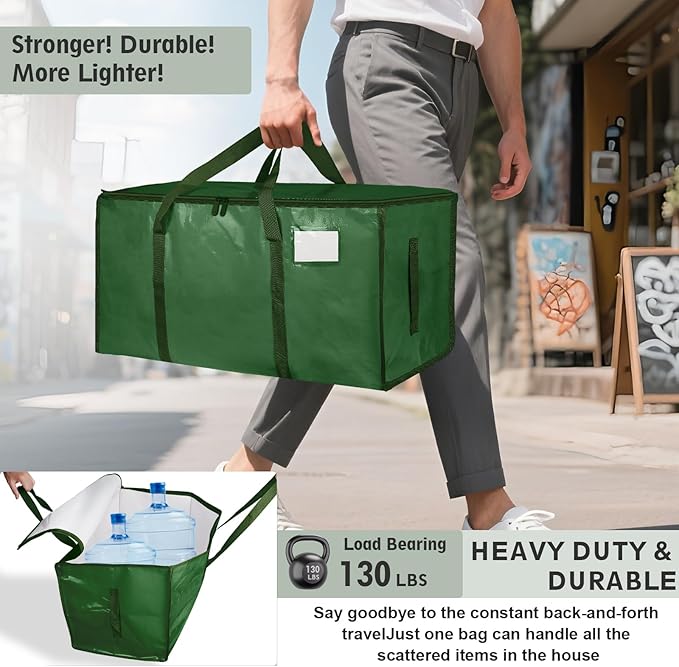 8 Pack-Extra Large Heavy Duty Moving Bags - Waterproof Storage Totes with Handles & Zippers, Foldable for College Dorm, Storage (olive green)