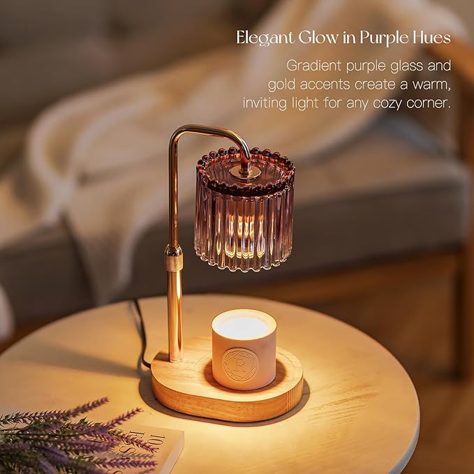Candeldo Candle Warmer Lamp with Timer: Purple Candle Warming Lamp with 2 Bulbs Height Adjustable Wax Melt Dimmable Bedroom Decor for Women