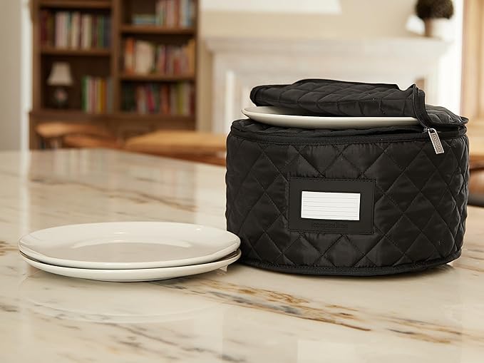 Covermates Keepsakes Dish Storage Case – Padded China & Dinnerware Organizer, Quilted Polyester Protection, ID Window, Zipper Closure, Machine Washable, Black