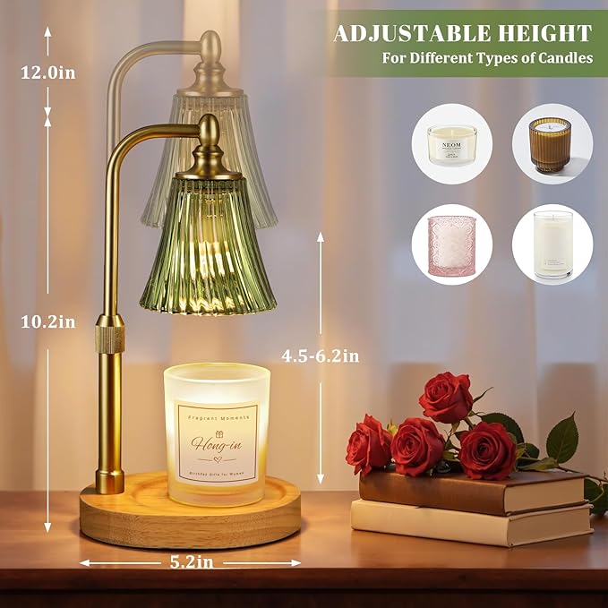 Hong-in Green Candle Warmer Lamp with Timer Dimmable,Birthday Gifts for Women,Adjustable Height Wax Melt Warmer for Jar Candles,House Warming Gifts New Home,Ideal for Office,Dorm,Bedroom Home Decor