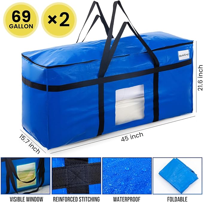 TAILI 69 Gallon Extra Large Storage Bags, XXL Blue Heavy Duty Moving Bags For Storage with Visible Window, Wrap Around Handles, Totes for Space Saving, Alternative to Moving Boxes (2 Pack)