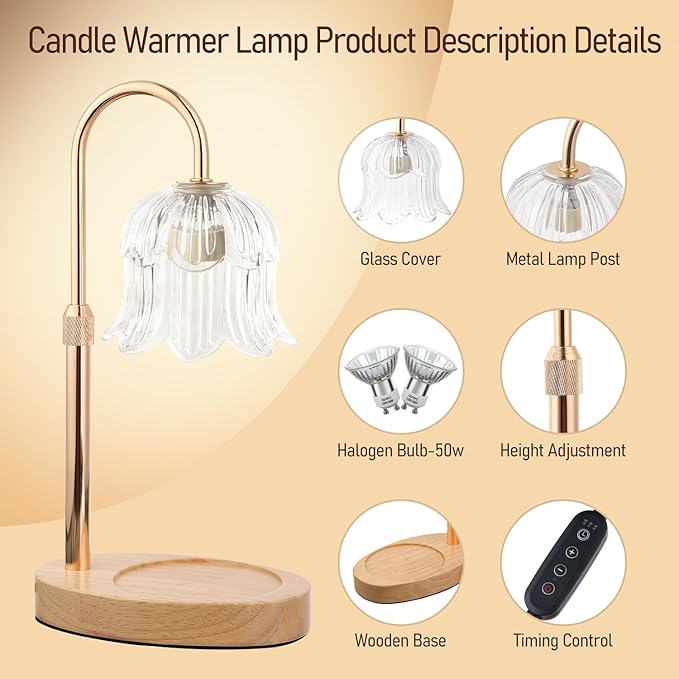 Electric Candle Warmer Lamp with Timer - Flame-Free 4-Level Dimming, Height Adjustable Gifts for Mom Women Friend, Birthday Housewarming Home Bedroom Decor