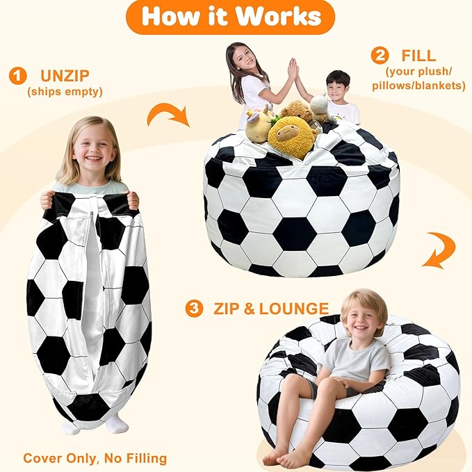 Lukeight Soccer Stuffed Animals Storage Bean Bag Chair Cover Only (Ships Empty, No Filling) - Velvet YKK Zipper Beanbag Cover for Teens Adults, Washable Plush Toy Organizer, XXX-Large 42" D x 23" H
