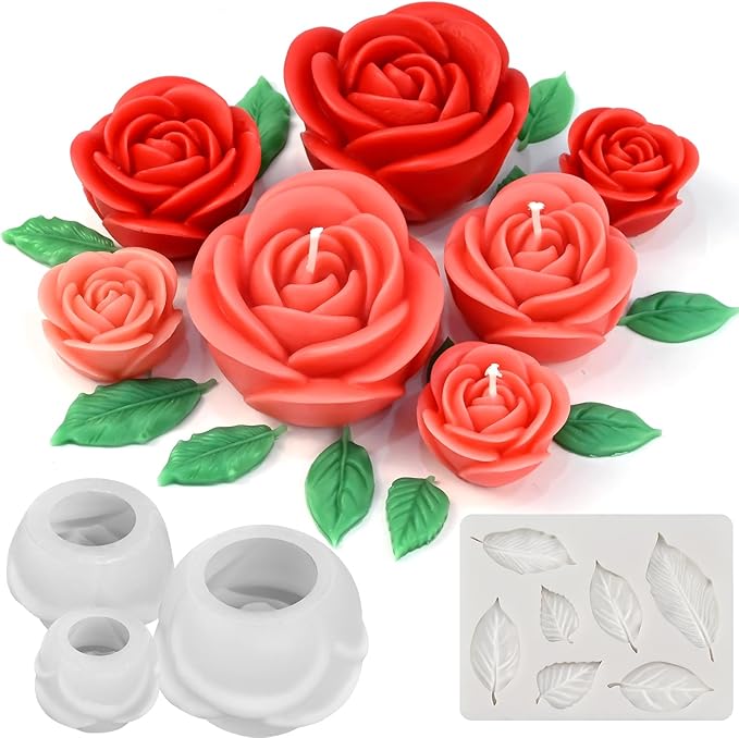 Rose Candle Molds, 4 Pcs Set of Large + Medium + Small 3D Rose Flower Silicone Molds with Leaf Mold for Candle Making, Epoxy Resin Casting, Handmade Soap Clay Plaster Home Décor Mom Gift