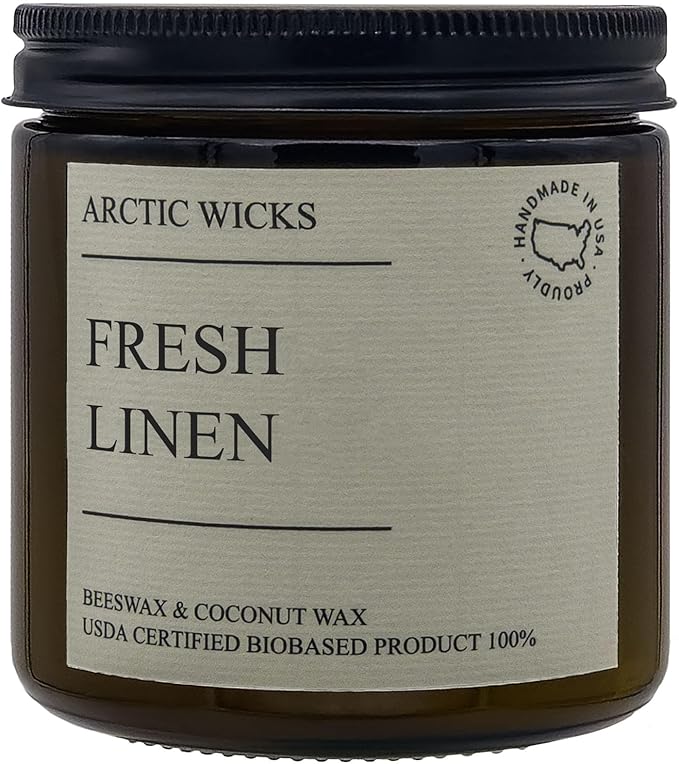 Fresh Linen 16oz Non-Toxic Candle - Arctic Wicks Coconut & Beeswax Candles, Clean Burning, USDA Biobased Certified, Crisp Clean Fresh Linen, Fresh Laundry Scented