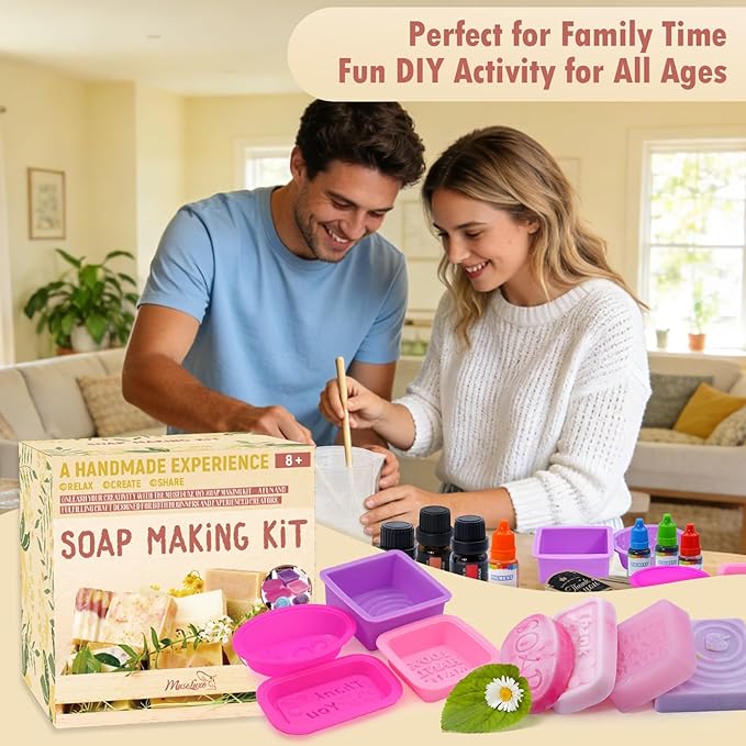 Soap Making Kit for Adults & Kids, Melt and Pour Soap Making Supplies with Shea Butter & Clear Base, 6 Silicone Molds, Colors, Fragrances, Dried Flowers & Gift Bags – DIY Soap Craft Kit for Beginners