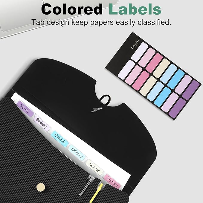 Sooez 7 Pocket Expanding File Folder, Premium Accordion File Organizer with Bungee Closure, Letter Size Folders for Documents, Portable Filing Folders for School Office Supplies, Black